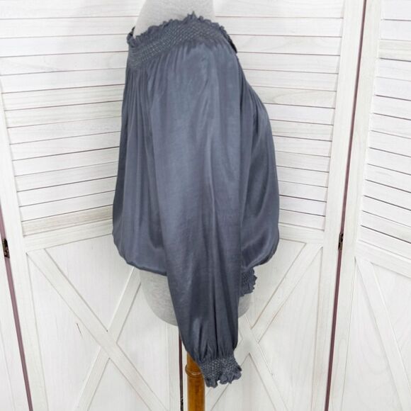 Nine West Smocked Charm Detail On Off Shoulder Peasant Blouse Blue Grey Medium - Picture 4 of 13